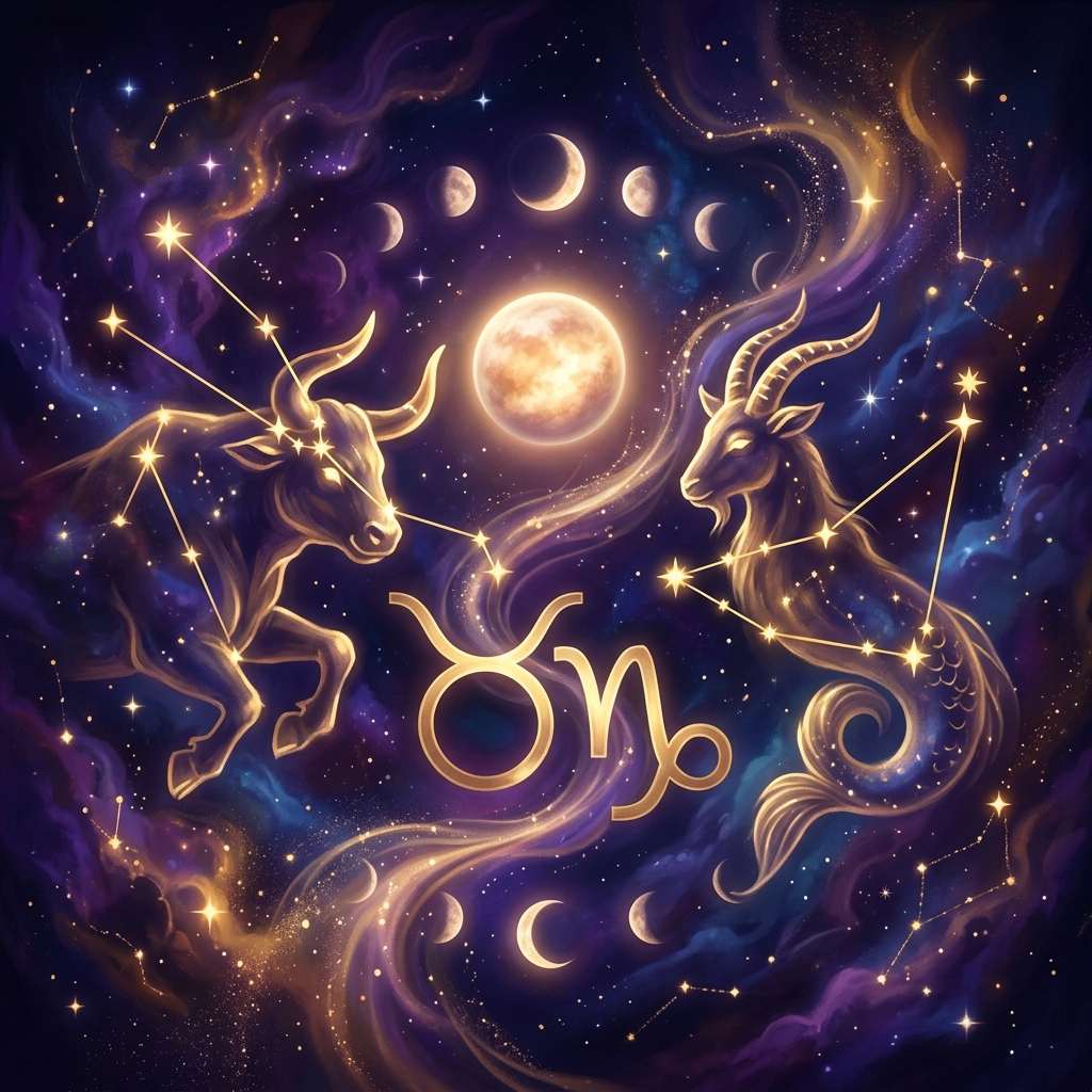 A golden bull and a sea-goat drawn as constellations, with the Taurus and Capricorn glyphs between them under the planet Venus and a row of Moon phases