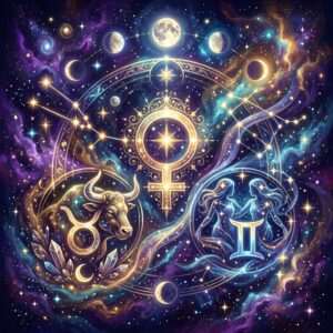 Taureau d'or et glyphe du Taureau faisant face aux Gémeaux et au glyphe des Gémeaux, avec le symbole de Vénus entre eux, parmi les étoiles et les phases de la lune.