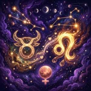 Un glyphe du Taureau lumineux orné de cornes et un glyphe du Lion enflammé, reliés par un flot d'étoiles et de petits cœurs, le symbole de Vénus en dessous.