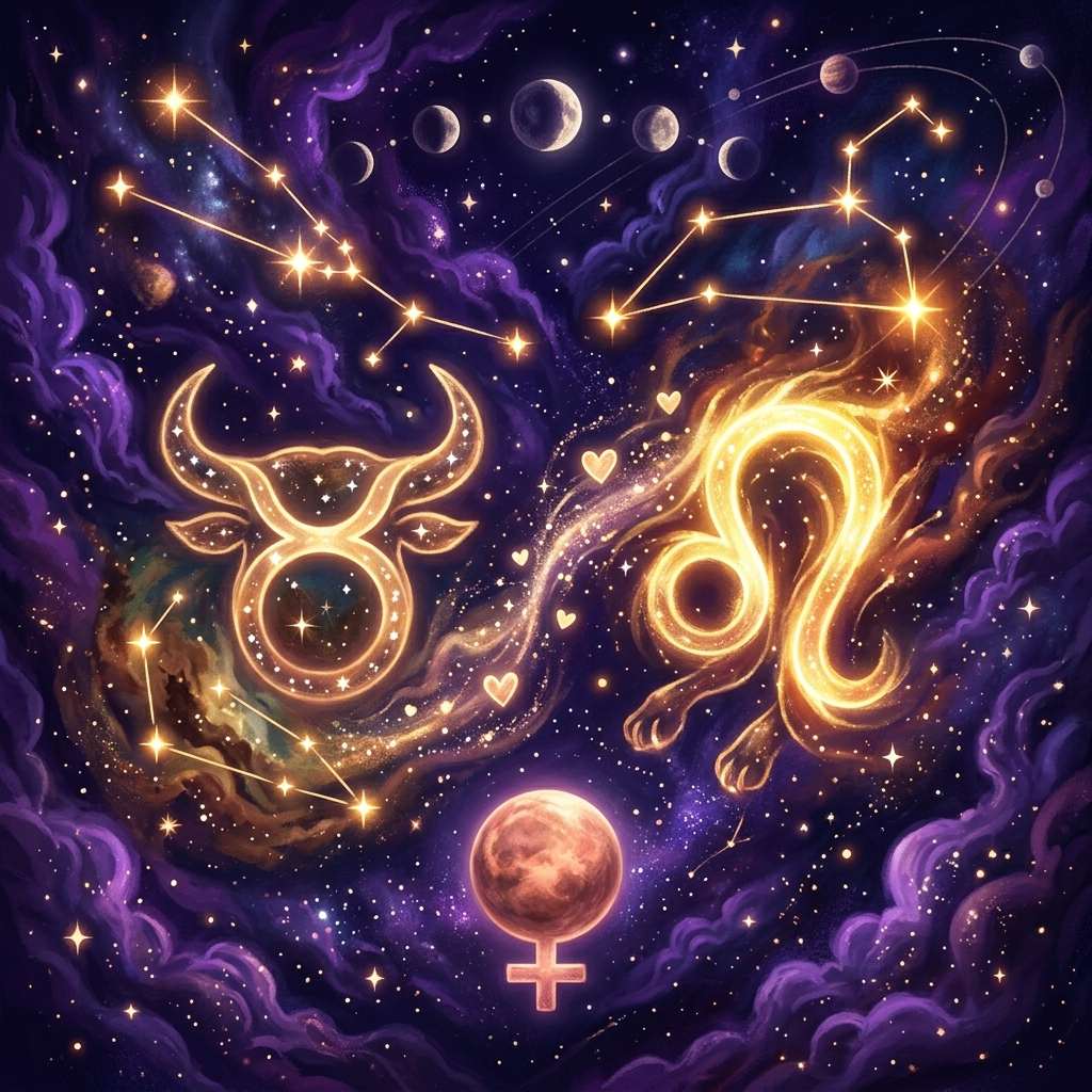 Glowing Taurus glyph with horns and a flaming Leo glyph joined by a stream of stars and small hearts, the Venus symbol below