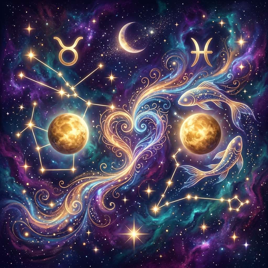 Golden Taurus and Pisces glyphs above two glowing golden planets, with constellations, two fish and a heart-shaped swirl on a purple starry sky