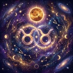 Deux glyphes dorés du Taureau enchaînés dans un anneau d'étoiles, sous une planète dorée lumineuse et des croissants de lune dans un ciel étoilé violet.