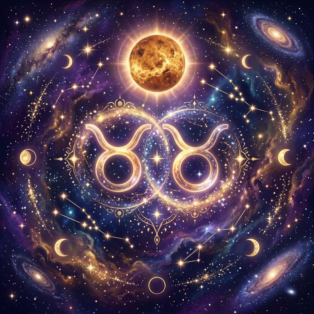Deux glyphes dorés du Taureau enchaînés dans un anneau d'étoiles, sous une planète dorée lumineuse et des croissants de lune dans un ciel étoilé violet.