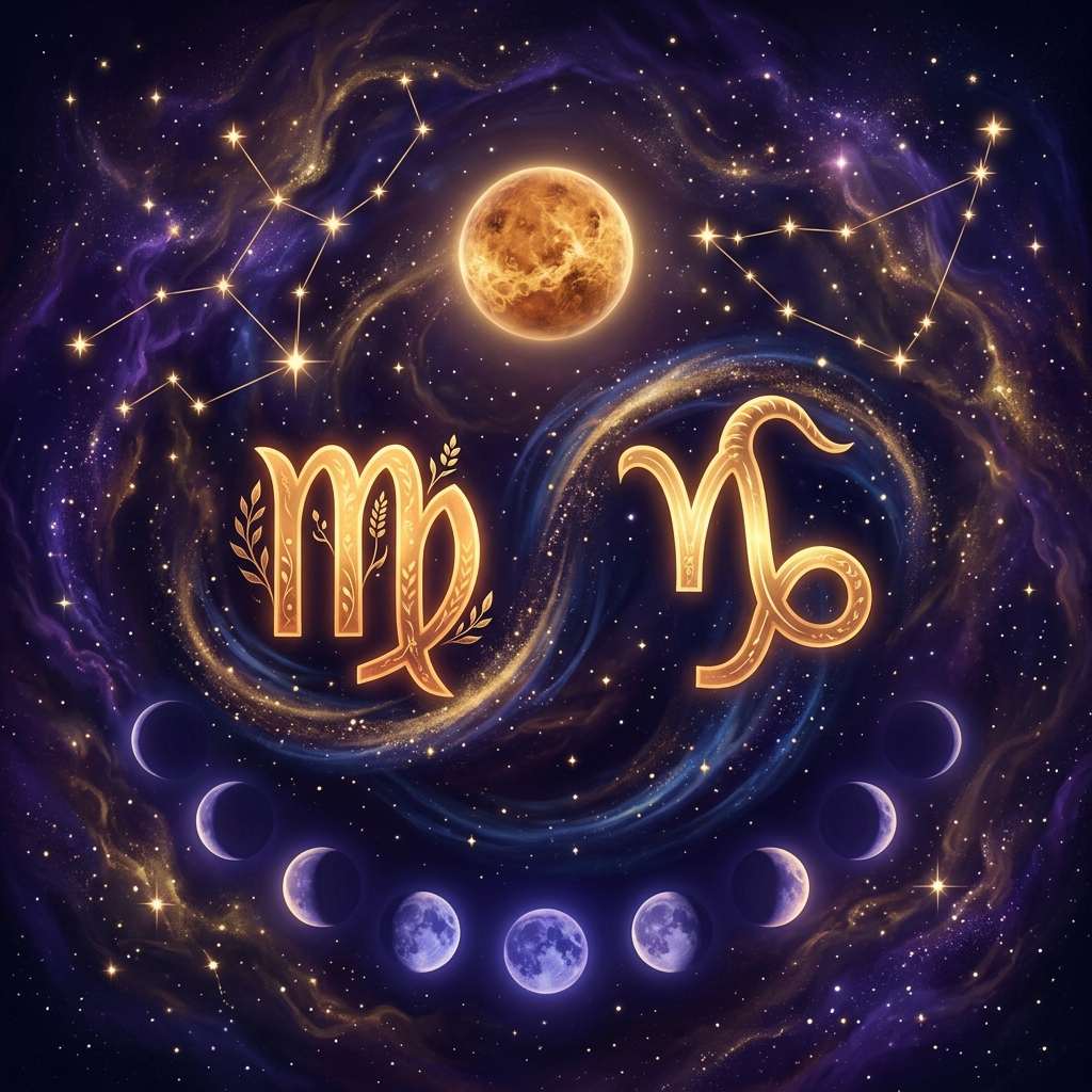 Golden Virgo and Capricorn glyphs under a glowing orange Venus, with star patterns above and a row of Moon phases below on a purple sky