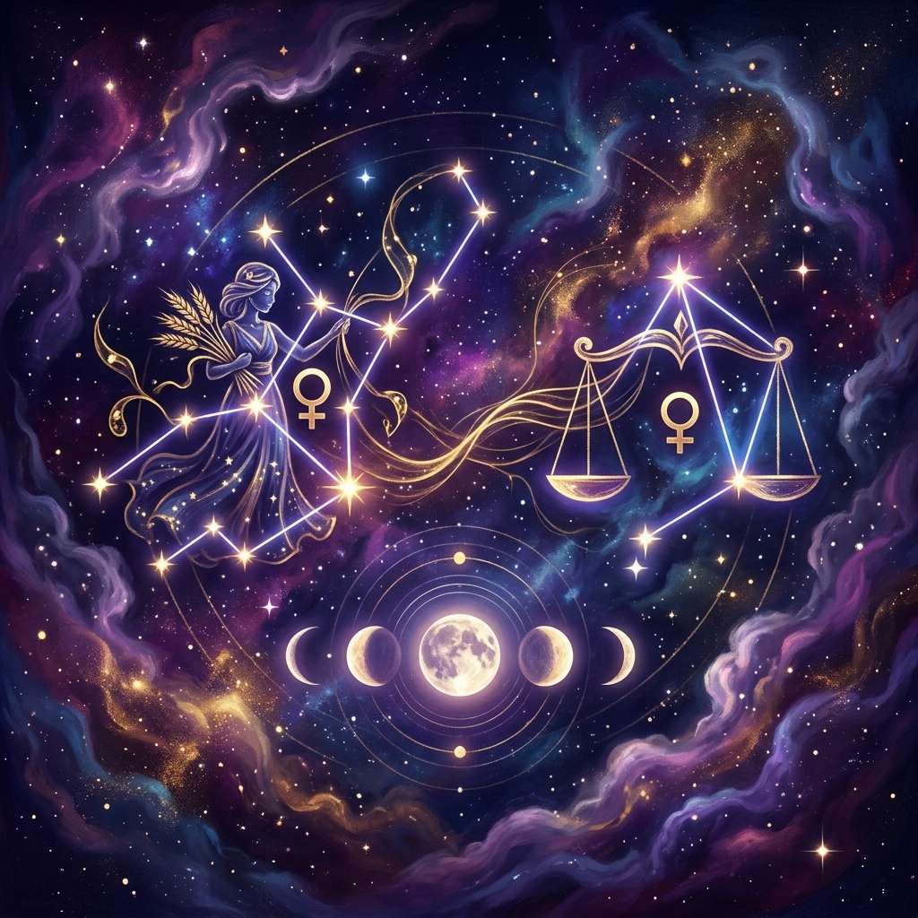 A Virgo maiden holding wheat and the Libra scales, each with a Venus symbol, above Moon phases on a violet starry background