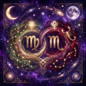 Des glyphes lumineux de la Vierge et du Scorpion côte à côte dans des nébuleuses vertes et rouges, avec les symboles de Mercure et de Pluton au-dessus d'eux, un scorpion doré et un croissant et une pleine lune dans les coins.