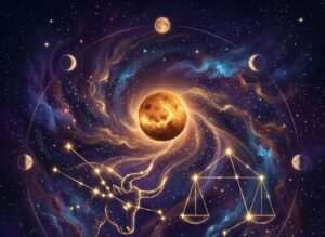La planète Vénus, brillante, au-dessus de la constellation du Taureau et de la balance de la Balance, encadrée par les phases de la lune sur un ciel étoilé violet.