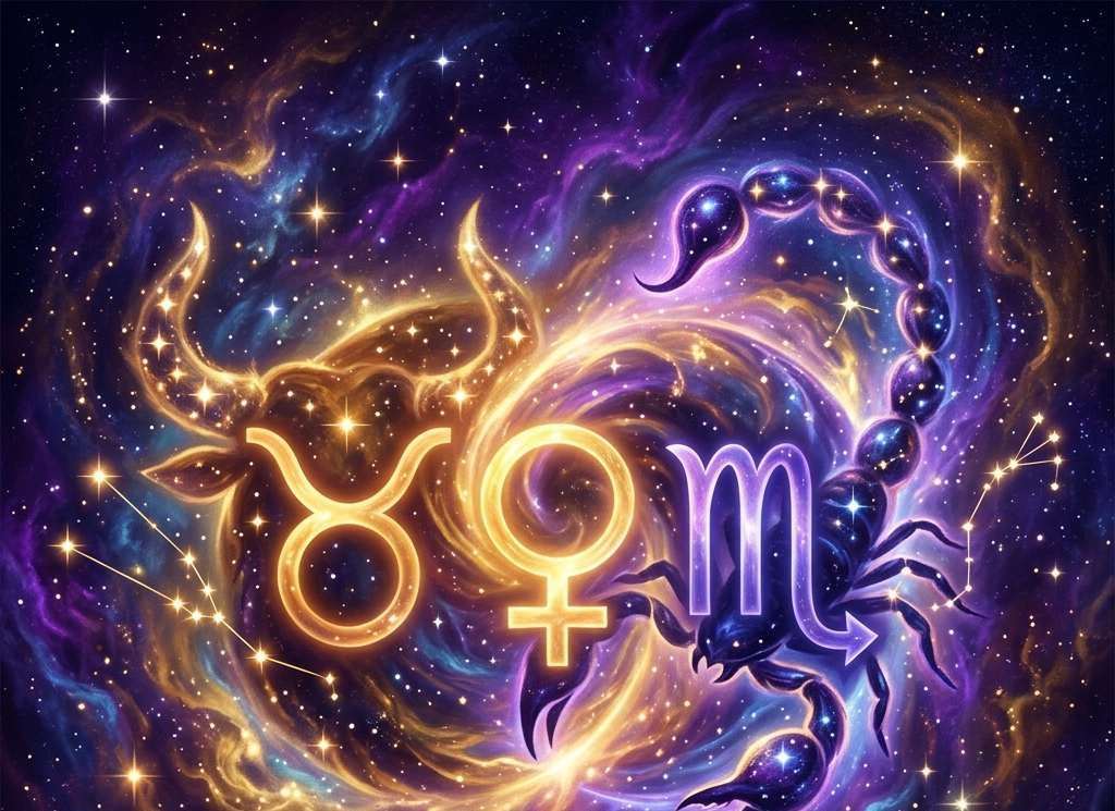 Golden Taurus glyph and Venus symbol beside a violet Scorpio glyph and a scorpion on a swirling violet and gold starry sky
