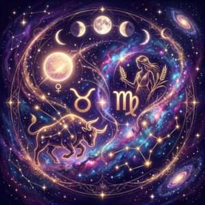 Les glyphes dorés du Taureau et de la Vierge côtoient le symbole de Vénus, avec un taureau, une jeune fille tenant du blé et les phases de la lune sur un ciel étoilé violet.