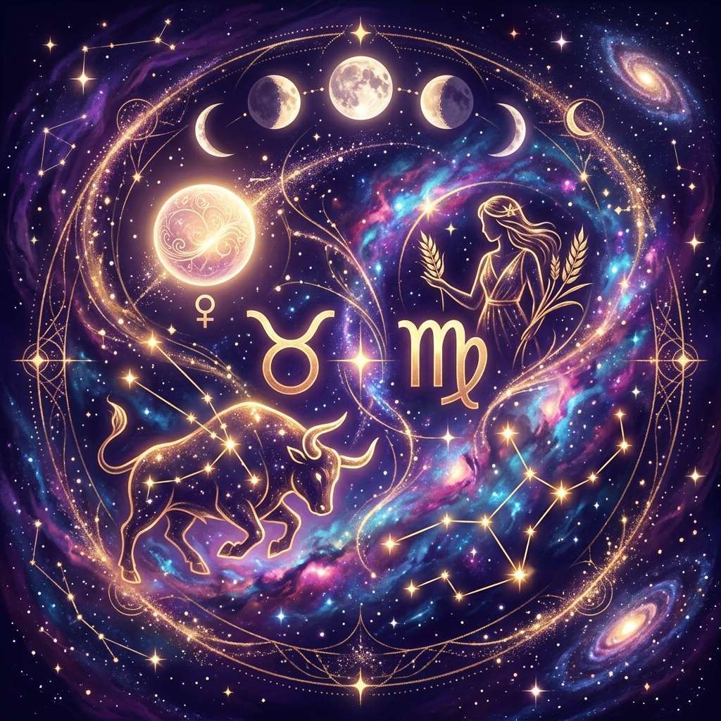 Golden Taurus and Virgo glyphs beside the Venus symbol, with a bull, a maiden holding wheat and moon phases on a violet starry sky
