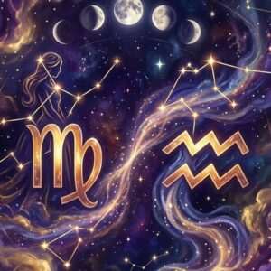 Golden Virgo and Aquarius glyphs among star-line constellations, a maiden figure and moon phases on a purple night sky