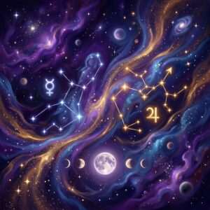 Virgo and Sagittarius sun sign compatibility shown as two glowing zodiac symbols on a violet natal chart wheel