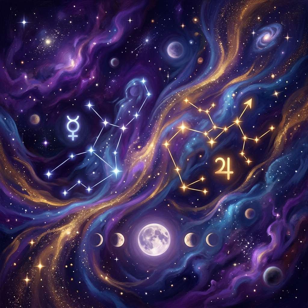 Virgo and Sagittarius sun sign compatibility shown as two glowing zodiac symbols on a violet natal chart wheel
