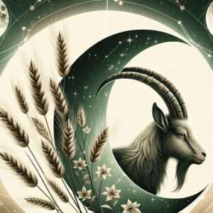 Une tête de chèvre à l’intérieur d’un grand croissant de lune, à côté d’épis de blé et de petites fleurs, symbolise la compatibilité entre la Lune en Vierge et la Lune en Capricorne.