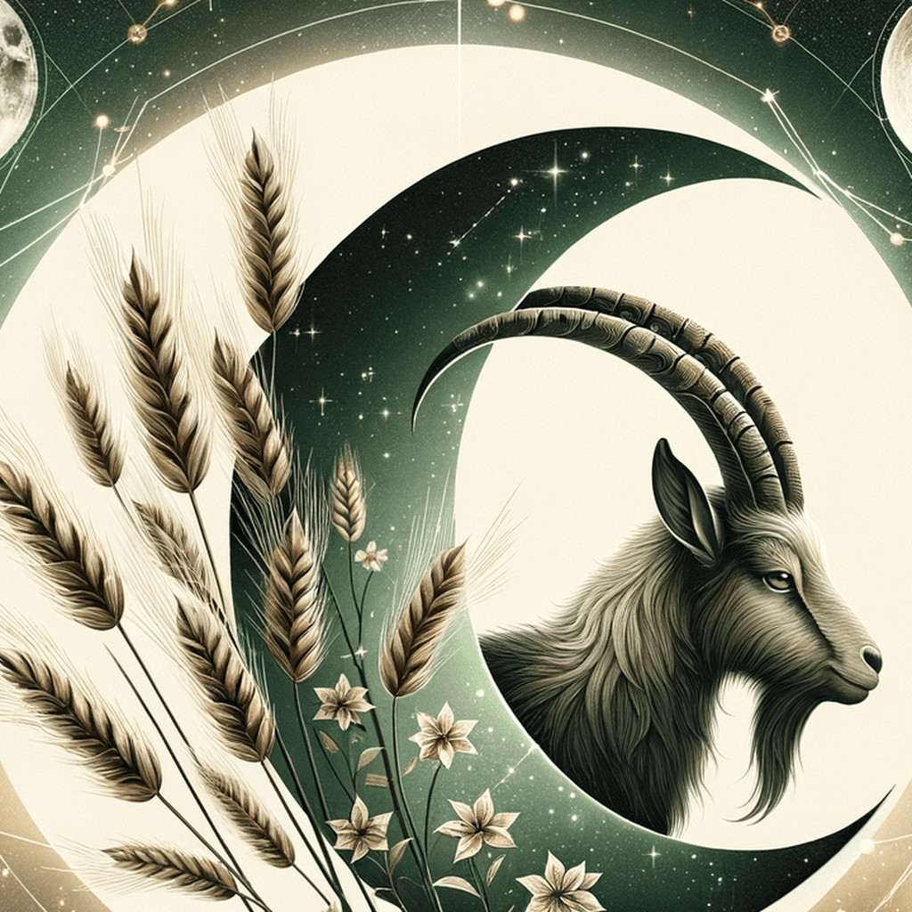 A goat's head inside a large crescent moon beside stalks of wheat and small flowers, for Virgo Moon and Capricorn Moon compatibility.
