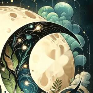 Un croissant de lune encadrant une pleine lune pâle, avec des branches feuillues, des étoiles et des nuages turquoise dans un ciel nocturne, symbolise la compatibilité entre la Lune en Vierge et la Lune en Poissons.