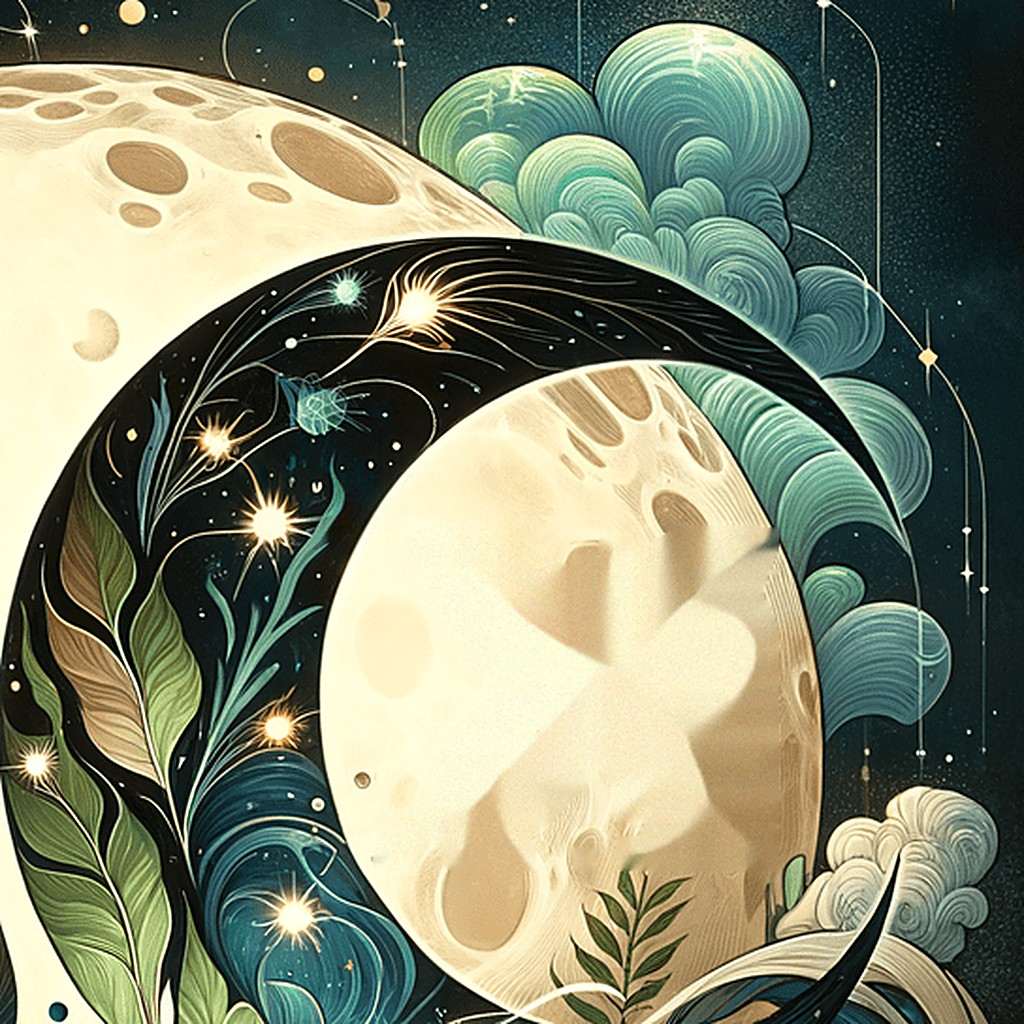 A crescent moon framing a pale full moon, with leafy branches, stars and teal clouds in a night sky, for Virgo Moon and Pisces Moon compatibility.