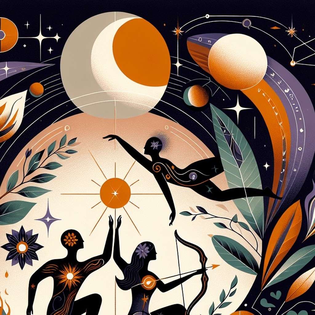 Two dark silhouettes, one holding a bow, reach toward a sun under a large moon while a third figure floats above, for Virgo Moon and Sagittarius Moon compatibility.