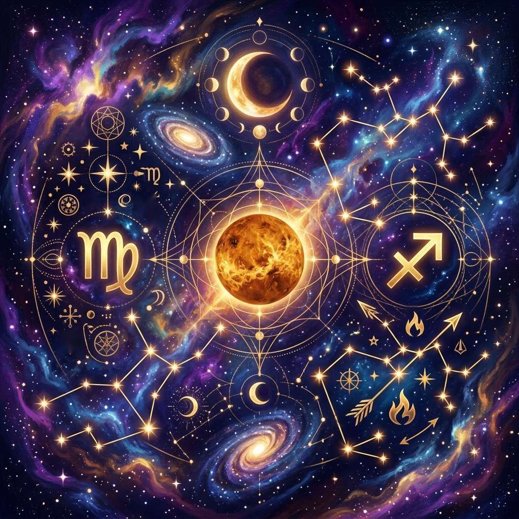 Golden Virgo and Sagittarius glyphs on either side of a glowing orange Venus, with arrows, flames and star patterns on a purple starry sky