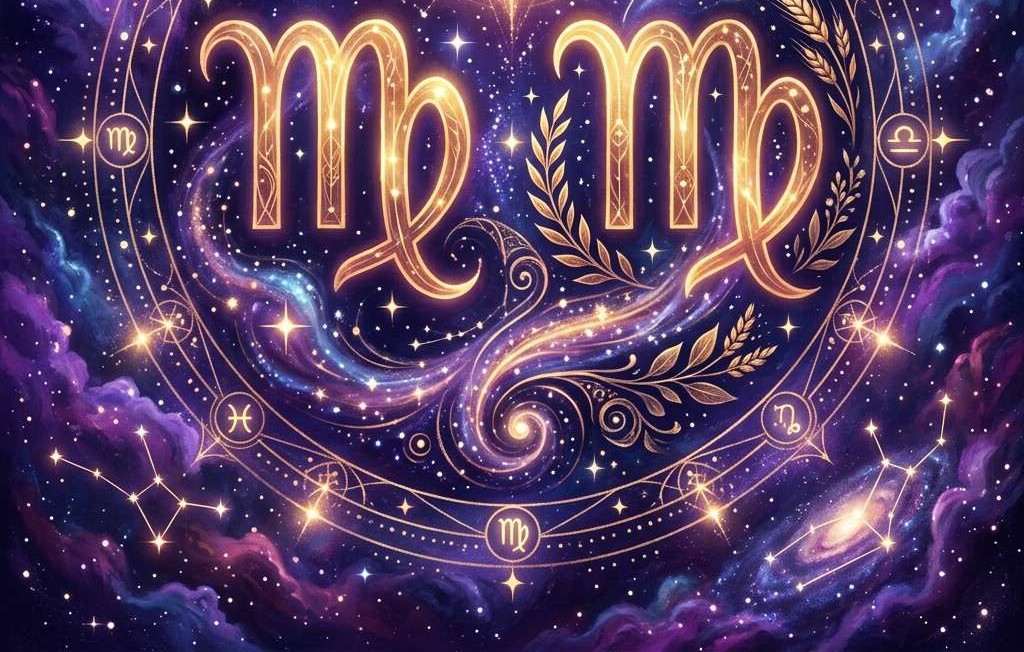 Two large golden Virgo glyphs with laurel sprigs on a violet starry background, inside a zodiac ring with small sign glyphs
