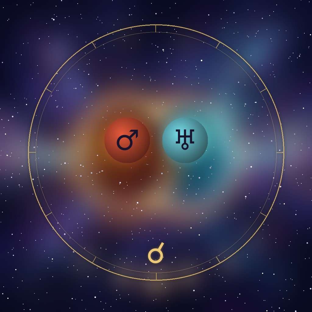 Mars conjunct Uranus: the Mars and Uranus glyphs on a chart wheel, side by side, with the conjunction glyph