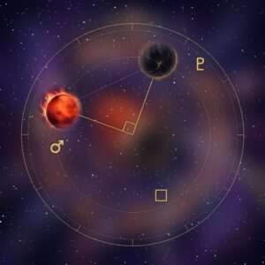 Mars carré Pluton : la planète rouge et le lointain Pluton à angle droit dans un ciel étoilé