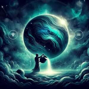 Neptune en Verseau : la planète Neptune au-dessus du porteur d’eau, avec les glyphes de Neptune et du Verseau.
