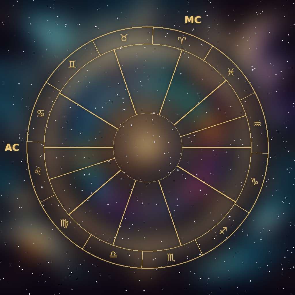 Système des maisons de Placidus : une roue du thème natal avec des maisons de Placidus inégales, l’Ascendant et le Milieu du Ciel