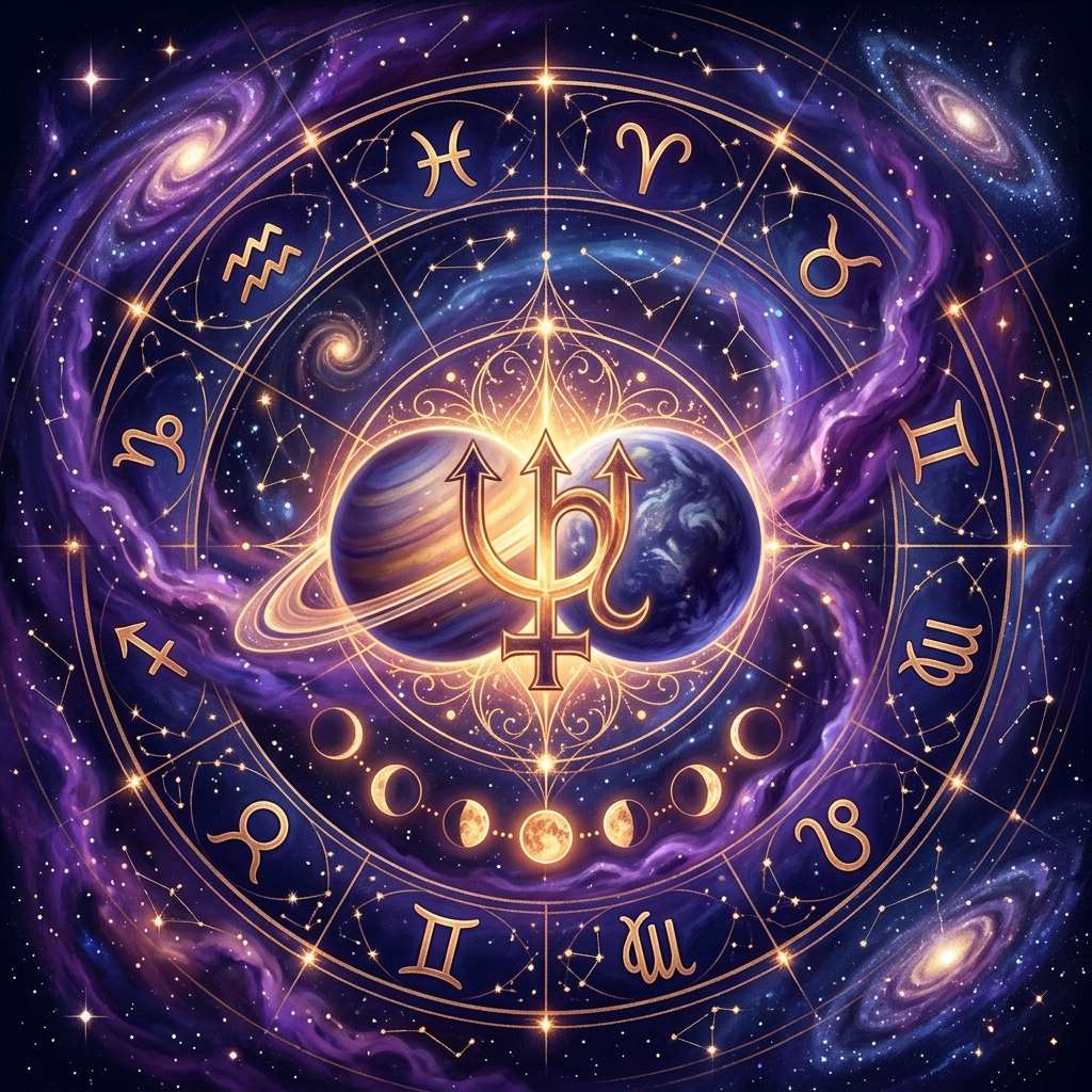 Saturn conjunct Neptune: the ringed planet Saturn meeting blue Neptune in a starry sky