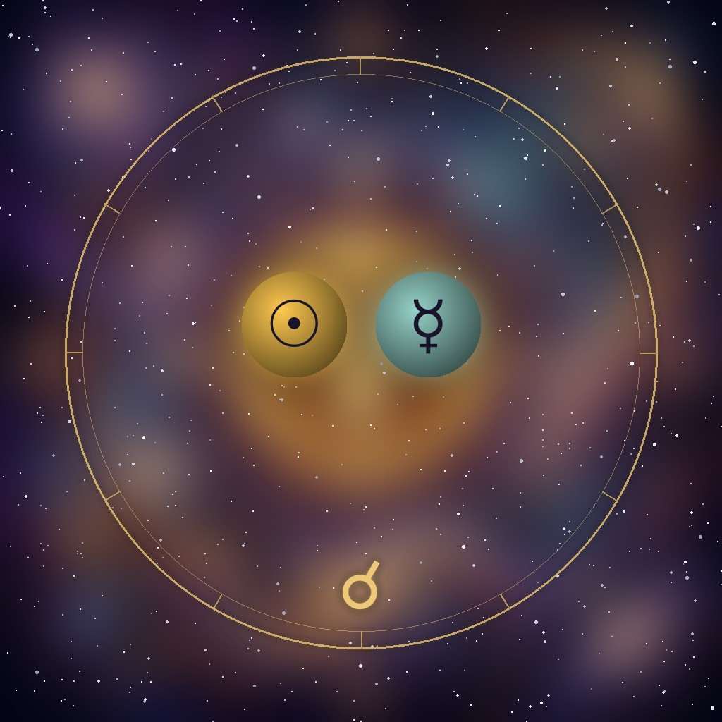 Sun conjunct Mercury: the Sun and Mercury glyphs on a chart wheel, side by side, with the conjunction glyph