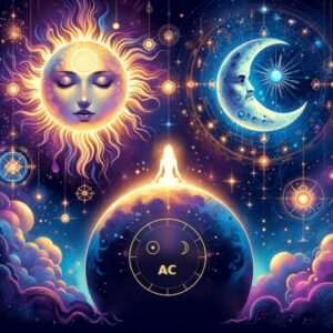 Soleil, Lune et signe ascendant : le Soleil, le croissant de Lune et une roue astrale marquant l’Ascendant