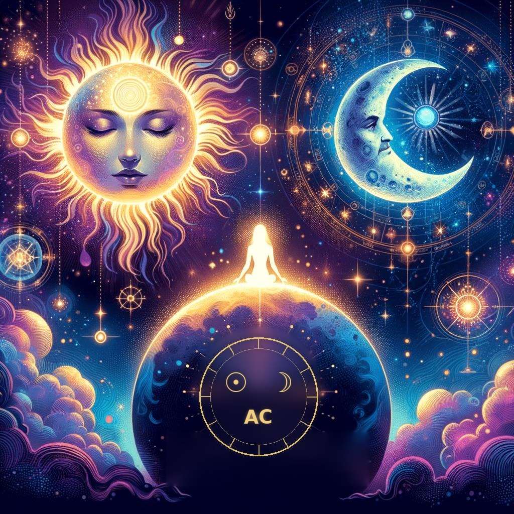 Sun, Moon and rising sign: the Sun, the crescent Moon and a chart wheel marking the Ascendant