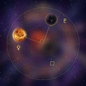 Vénus carré Pluton : les planètes Vénus et Pluton à angle droit dans un ciel nocturne étoilé