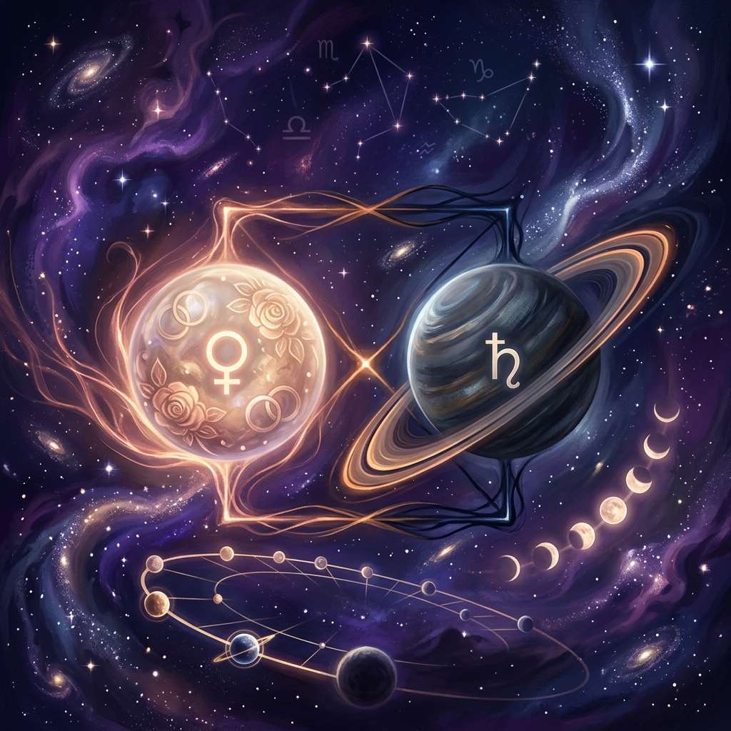 Venus square Saturn: the planets Venus and Saturn at a right angle in a night sky