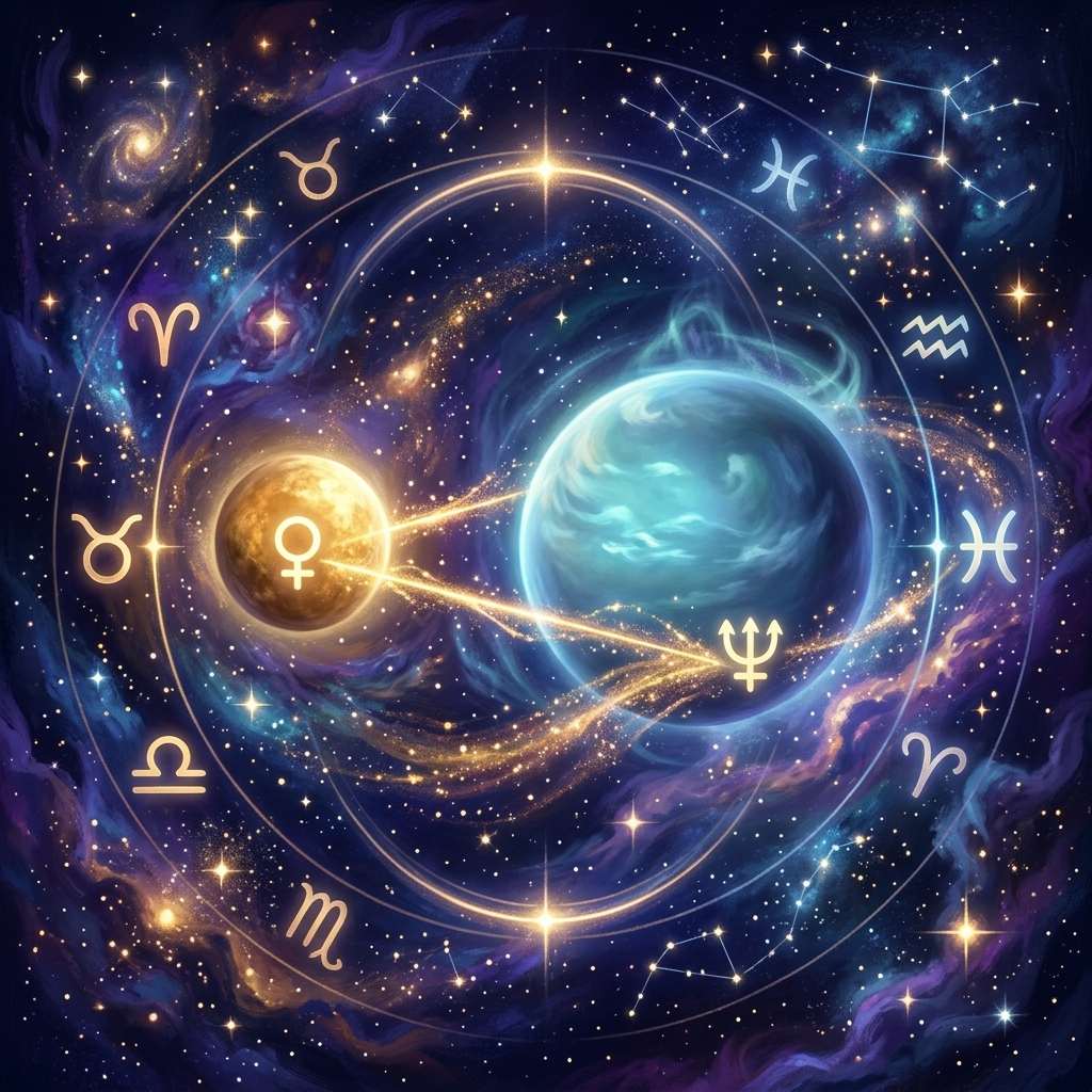 Illustration de Vénus en trigone avec Neptune : la planète de l’amour liée à Neptune à travers un ciel nocturne onirique